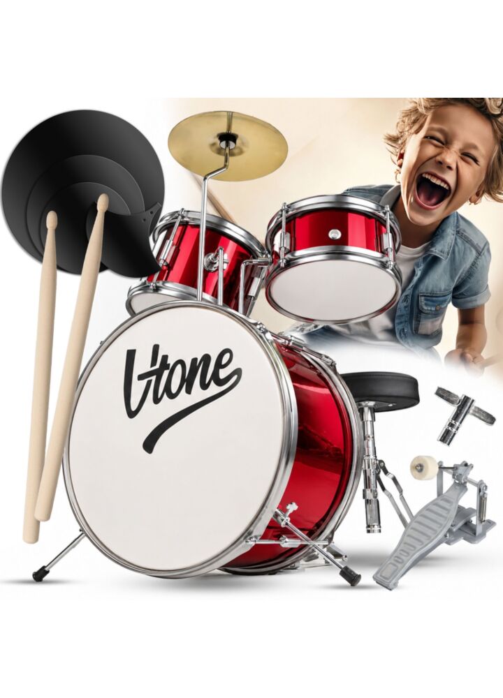 V-TONE VDJR 1 RD mini perkusja akustyczna trzyczęściowa czerwona dla dzieci pałeczki perkusyjne pady wyciszające stołek klucz perkusyjny zestaw