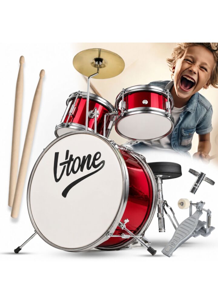 V-TONE VDJR 1 RD mini perkusja akustyczna trzyczęściowa czerwona dla dzieci pałeczki perkusyjne pady wyciszające stołek klucz perkusyjny zestaw