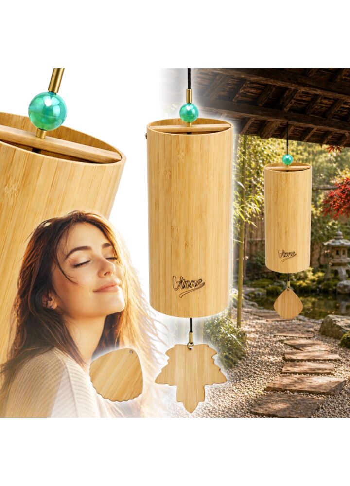V-TONE ZEN FOREST dzwonek wietrzny wind chime dekoracja dźwiękowa tonacja G drewno bambusowe zielony koralik 2 zawieszki liść muszla 40,5 cm