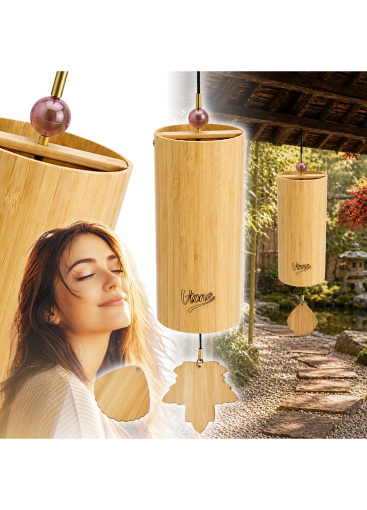 V-TONE ZEN MOUNTAIN dzwonek wietrzny wind chime dekoracja dźwiękowa tonacja C drewno bambusowe czerwony koralik 2 zawieszki liść muszla 40,5 cm