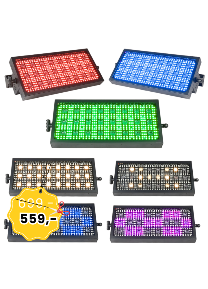LIGHT4ME VENOM STROBE PANEL V2 stroboskop sceniczny efekt oświetleniowy LED DMX 524x0,3W RGB SMD 5050+24x3W WW uchwyt montażowy