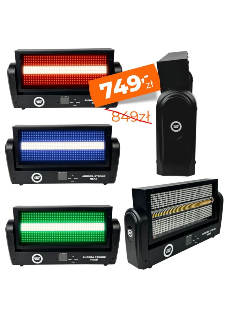 LIGHT4ME AURORA STROBE HEAD ruchomy stroboskop sceniczny oświetlenie LED efekt świetlny 672x0,2W RGB SMD5050+144x1W WW SMD3030 2x uchwyt montażowy omega