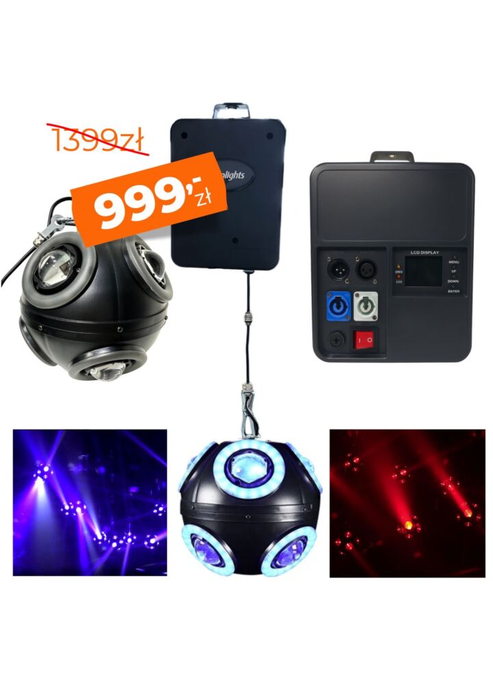 EVOLIGHTS COSMIC BALL multiefekt świetlny DMX oświetlenie sceniczne dyskotekowe klubowe LED 360° beam ring regulowana wysokość 0-3 m 8x10W RGBW+96x0,5W RGB SMD 5050
