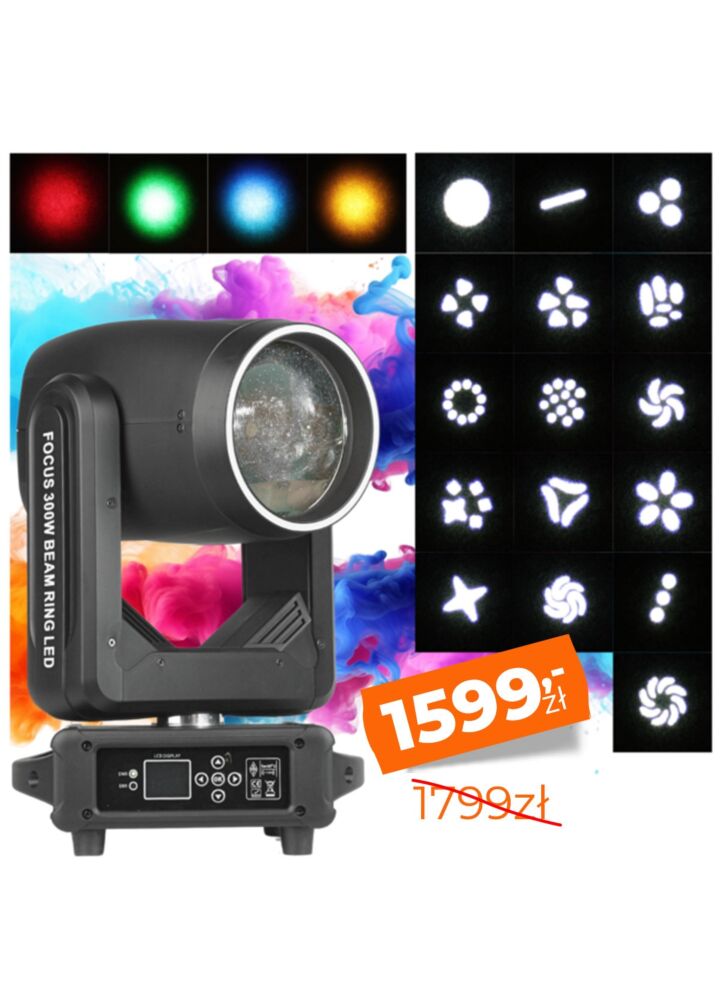 LIGHT4ME FOCUS 300W BEAM RING LED głowica ruchoma oświetlenie sceniczne efekt ring 31x0,5W RGB SMD LED 2x uchwyt montażowy omega