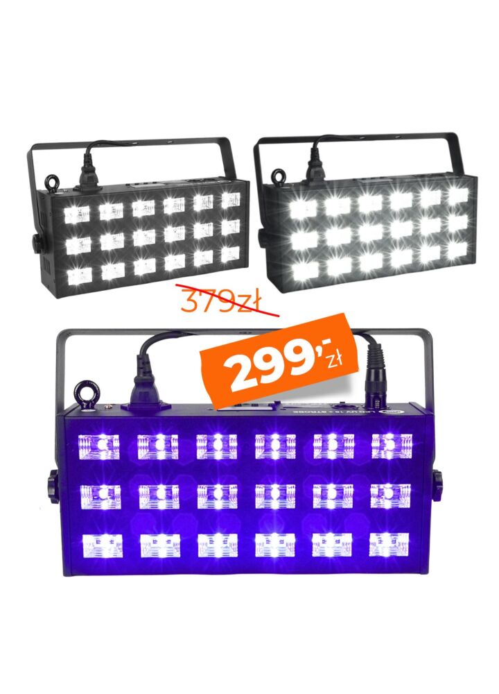 LIGHT4ME LED UV 18x3W reflektor + stroboskop DMX