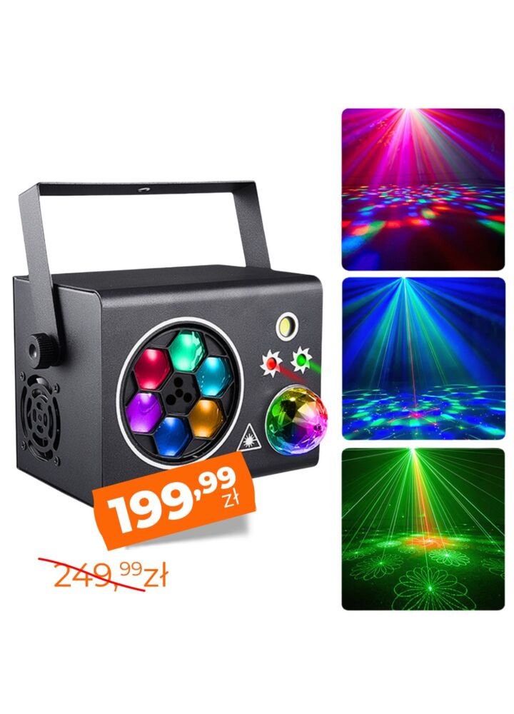 LIGHT4ME PARTY BOX-A efekt dyskotekowy multiefekt oświetleniowy LED DMX 5w1 gobo 6x3W R/G/B/W/P/Y kula disco 3x1W R/G/B laser R/G biały stroboskop 1x10W W uchwyt montażowy