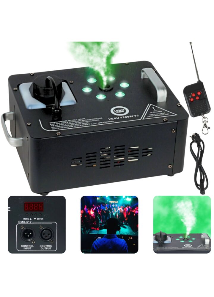 LIGHT4ME VESU 1200W V2 generator wytwornica dymu pionowego mgły DMX efekt świetlny 6x1W RGB LED pilot bezprzewodowy rączki do przenoszenia