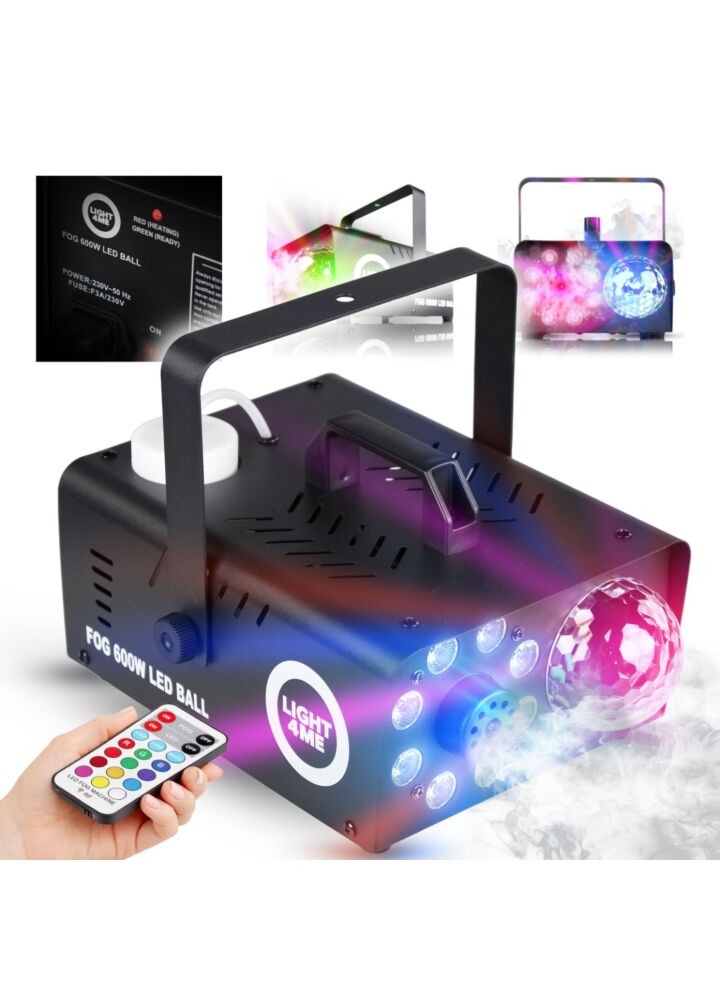 LIGHT4ME FOG 600W LED BALL generator wytwornica dymu mgły efekt podświetlenia dymu 8x1W RGB kula dyskotekowa 6x1W R/G/B/W/A/P pilot bezprzewodowy uchwyt montażowy