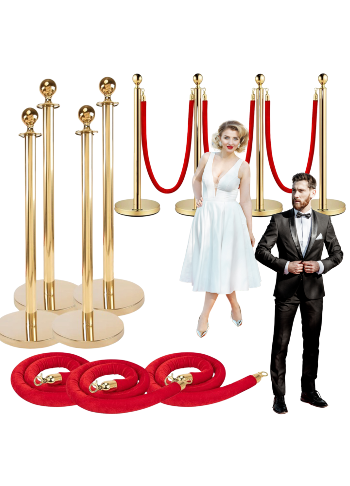 SUPRIMO RCP 4 solidny złoty słupek odgradzający zestaw 4 szt. czerwona lina barierka kolejkowa VIP