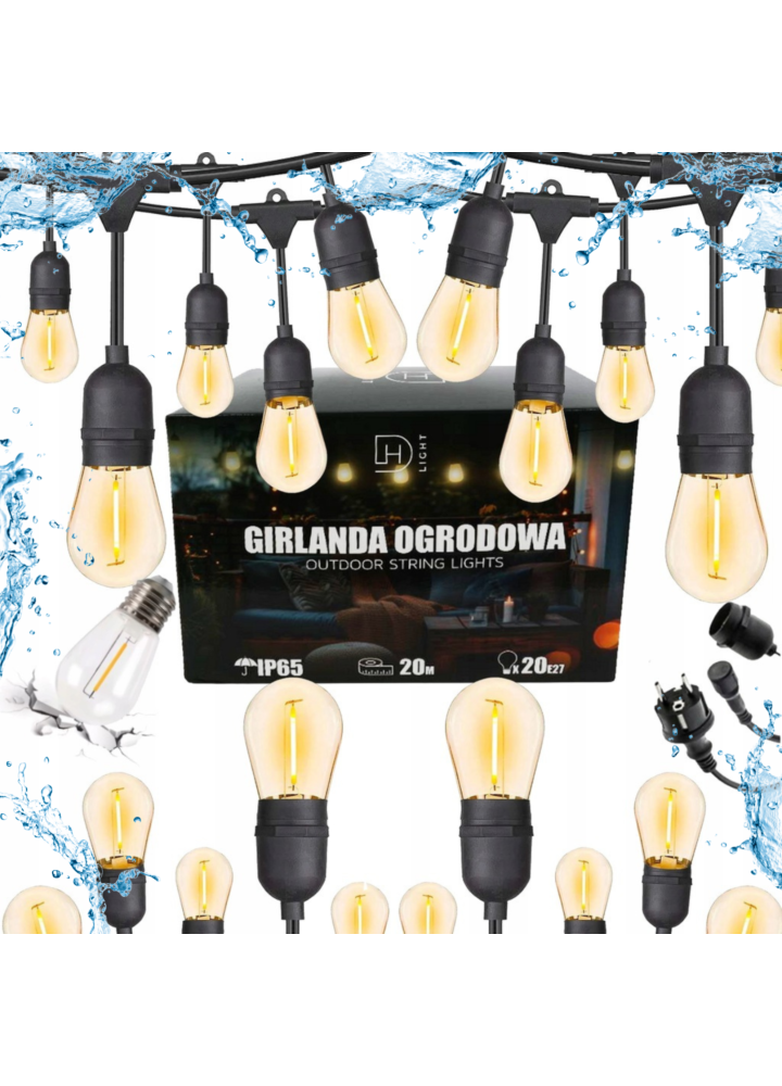 DH Light Garland 20/20 outdoor garden lighting string 20 m 20x E27 LED 1W single filament bulb IP65