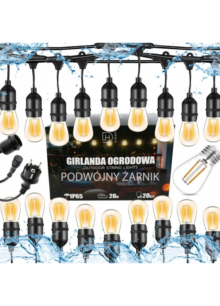 DH LIGHT GARLAND 202 girlanda świetlna ogrodowa zewnętrzna sznur oświetleniowy 20 m 20x żarówka E27 LED 1W podwójny żarnik