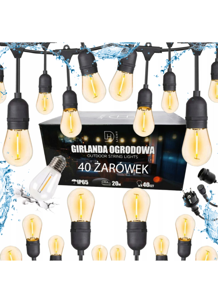 DH LIGHT GARLAND 401 girlanda świetlna ogrodowa zewnętrzna sznur oświetleniowy 20 m 40x żarówka E27 LED 1W pojedynczy żarnik