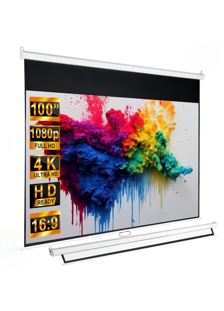 DH Line TVS 100 ekran projekcyjny 100 cali 16:9 ścienny sufitowy 213x120 cm 170° przenośny ręcznie rozwijany samoblokujący