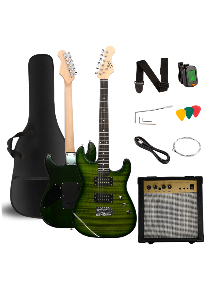 V-TONE EGW 39 GR gitara elektryczna 4/4 stratocaster 39" HH wzmacniacz pokrowiec pasek przewód jack-jack tuner kostki do gry struny ramię tremolo klucze imbusowe zestaw