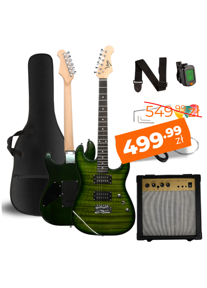 V-TONE EGW 39 GR gitara elektryczna 4/4 stratocaster 39" HH wzmacniacz pokrowiec pasek przewód jack-jack tuner kostki do gry struny ramię tremolo klucze imbusowe zestaw