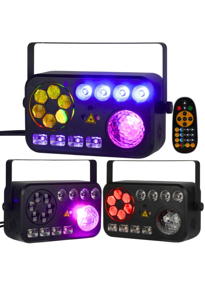 LIGHT4ME PARTY V multiefekt świetlny LED RGBW-UV 6w1 efekt Bee Eye biały stroboskop UV Water Wave par 2x laser R/G oświetlenie DJ klubowe dyskotekowe