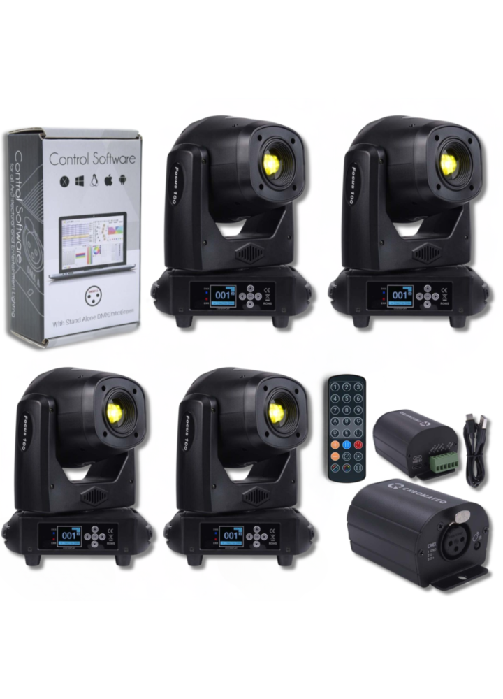 ZESTAW 4X GŁOWICA RUCHOMA LED LIGHT4ME FOCUS 100 SPOT PRYZMA + CHROMATEQ CLUB 512 profesjonalny zestaw oświetleniowy + GOTOWY SYSTEM Z 15 SCENAMI O WARTOŚCI 199ZŁ GRATIS!