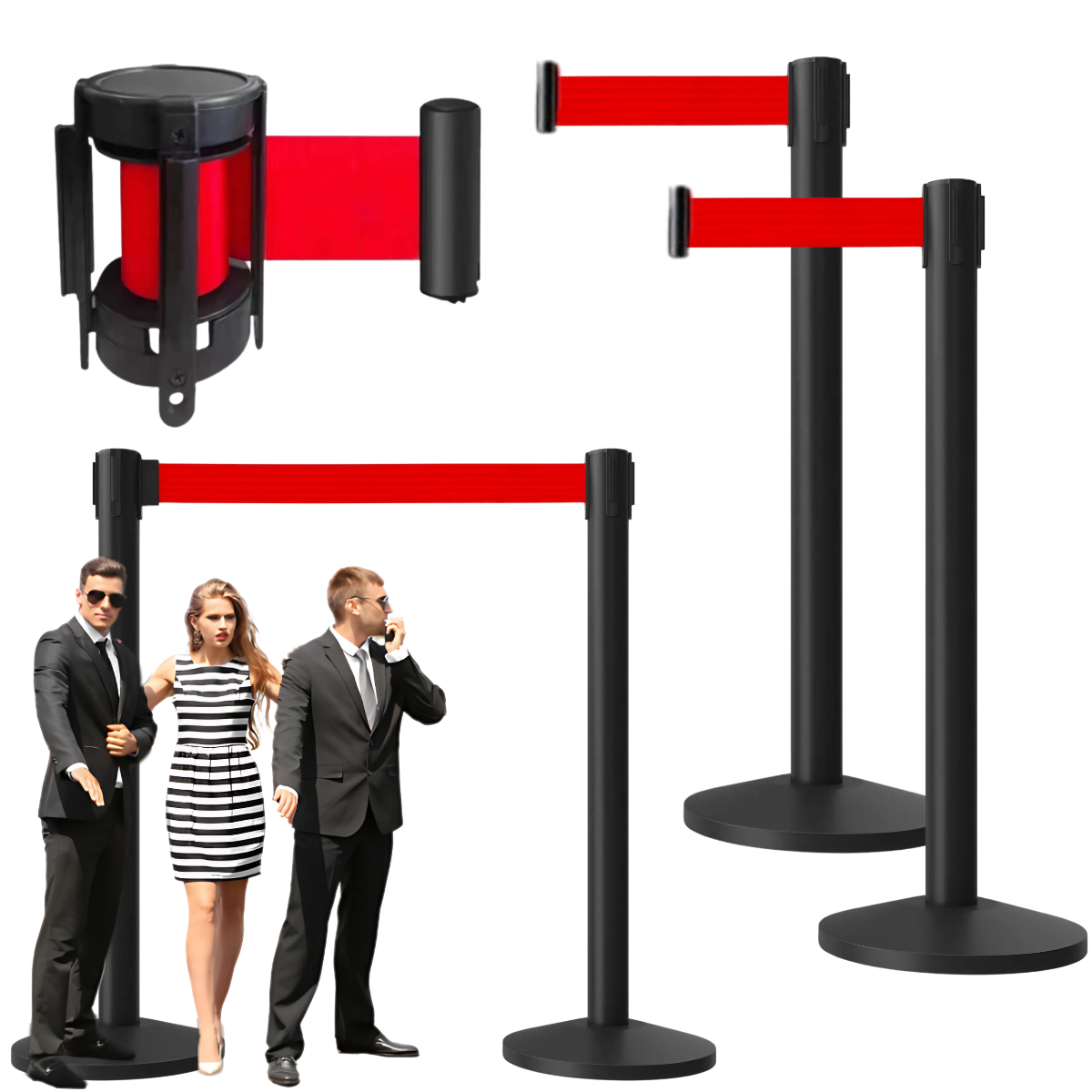 SUPRIMO RCB 1 solidny czarny słupek odgradzający zestaw 2 szt. czerwona taśma barierka kolejkowa VIP