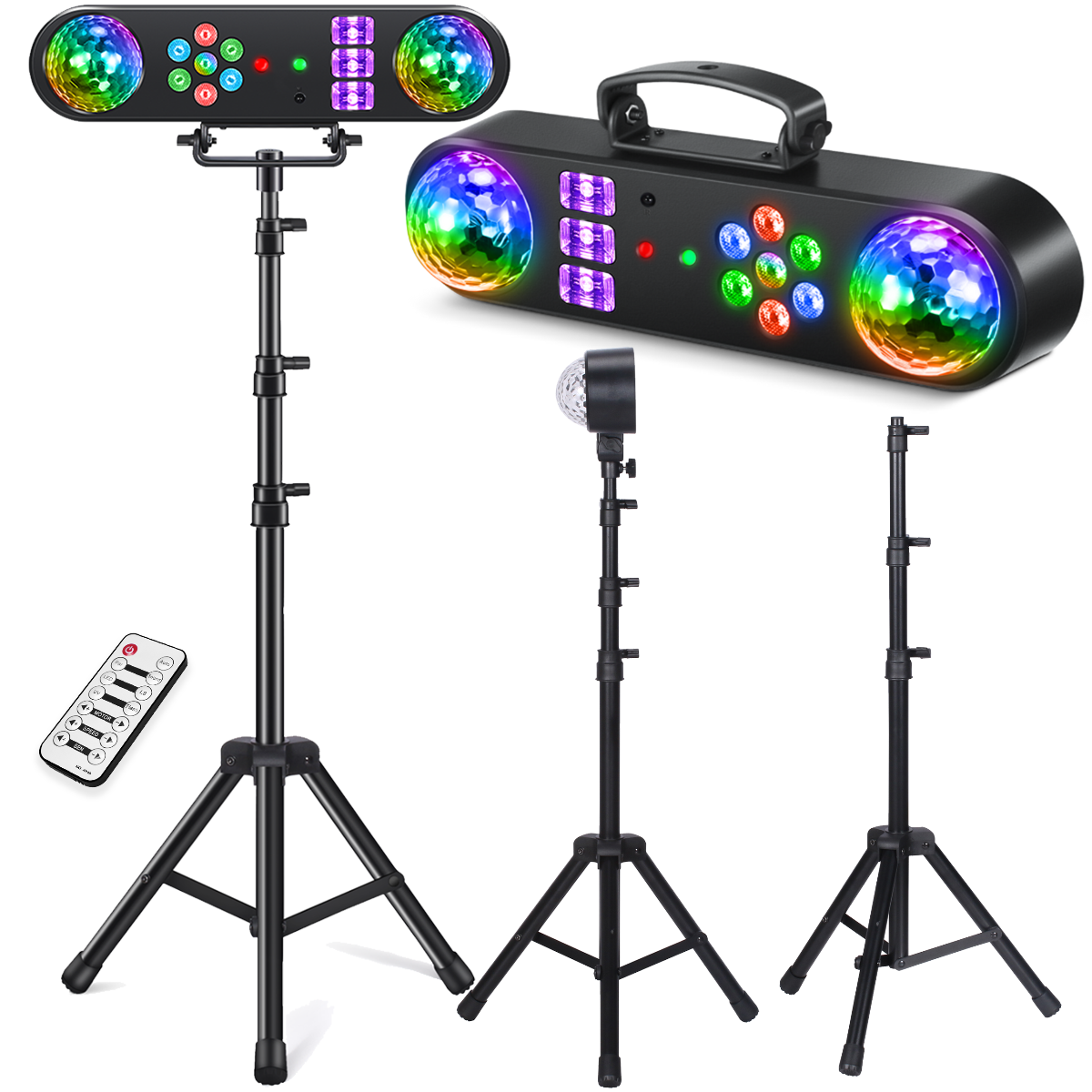 LIGHT4ME MAGIC BAR 2 multiefekt świetlny na dyskotekę imprezę do klubu efekt par Magic Ball biały stroboskop UV 2x laser R/G pilot bezprzewodowy statyw zestaw POWYSTAWOWA