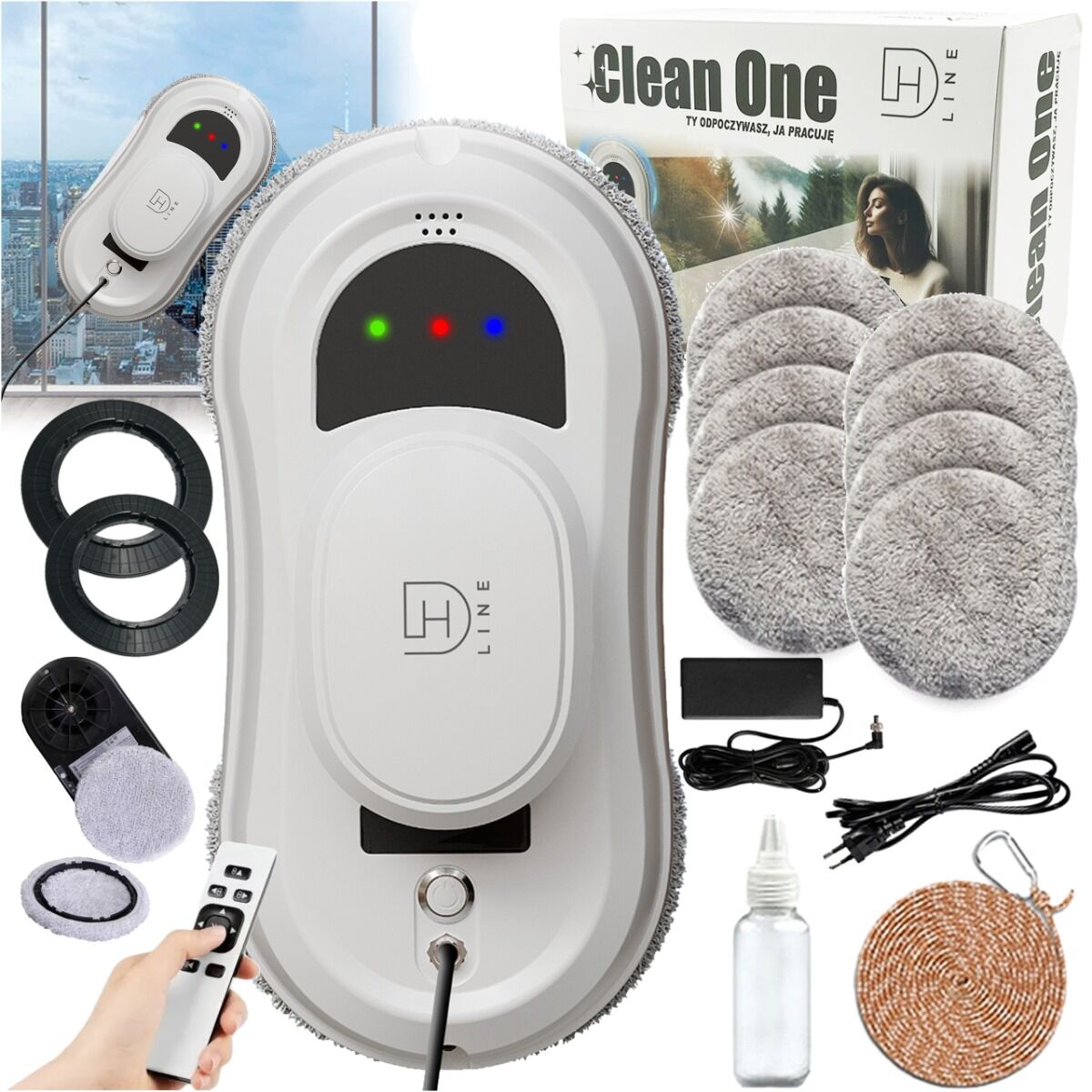 DH Line CLEAN ONE elektryczna automatyczna myjka do okien szyb lustra inteligentny robot pilot zestaw 72W 2800 Pa 500 mAh