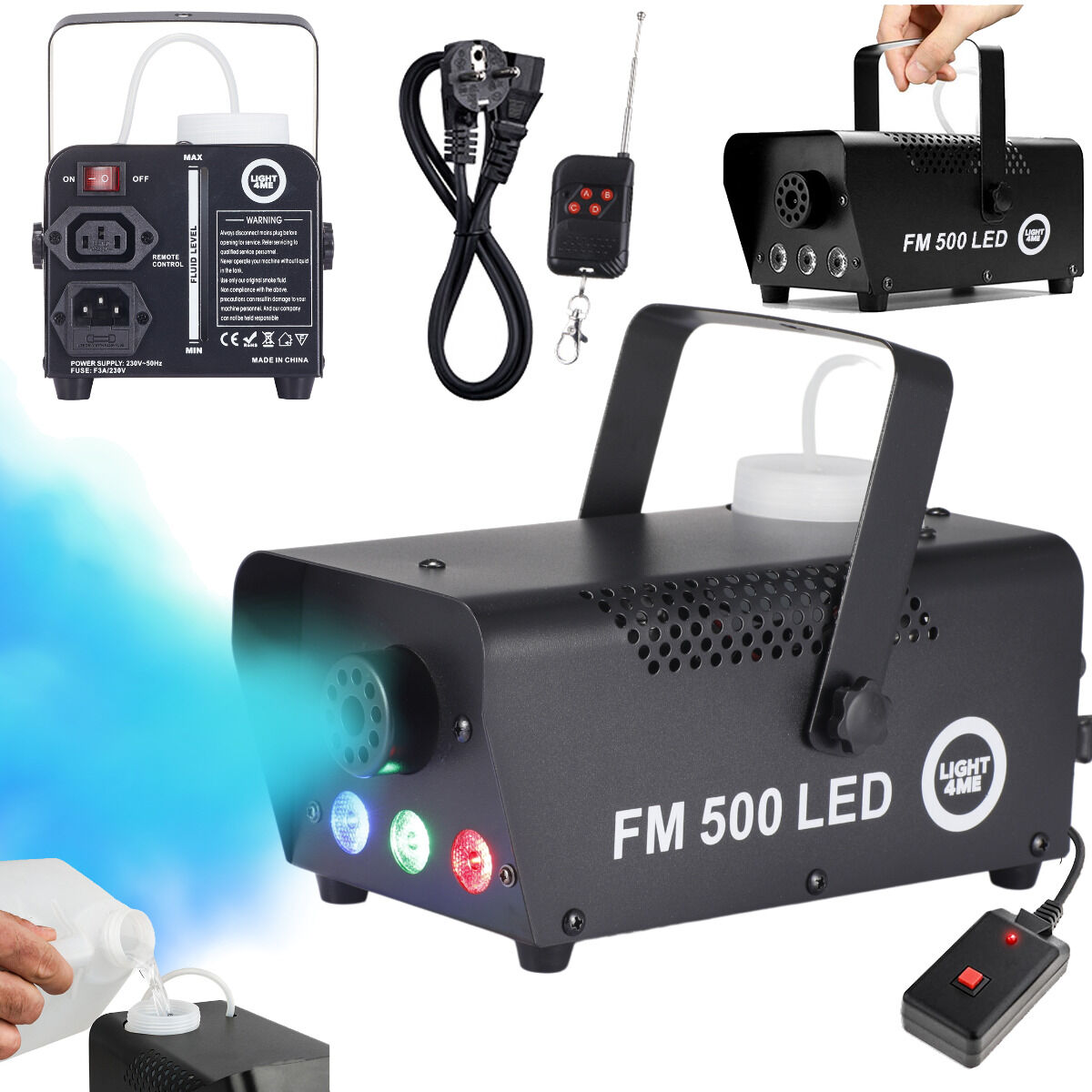 LIGHT4ME FM 500 LED V2 wytwornica dymu mgły pilot bezprzewodowy kontroler przewodowy 500W efekt świetlny 3x1W RGB POWYSTAWOWY