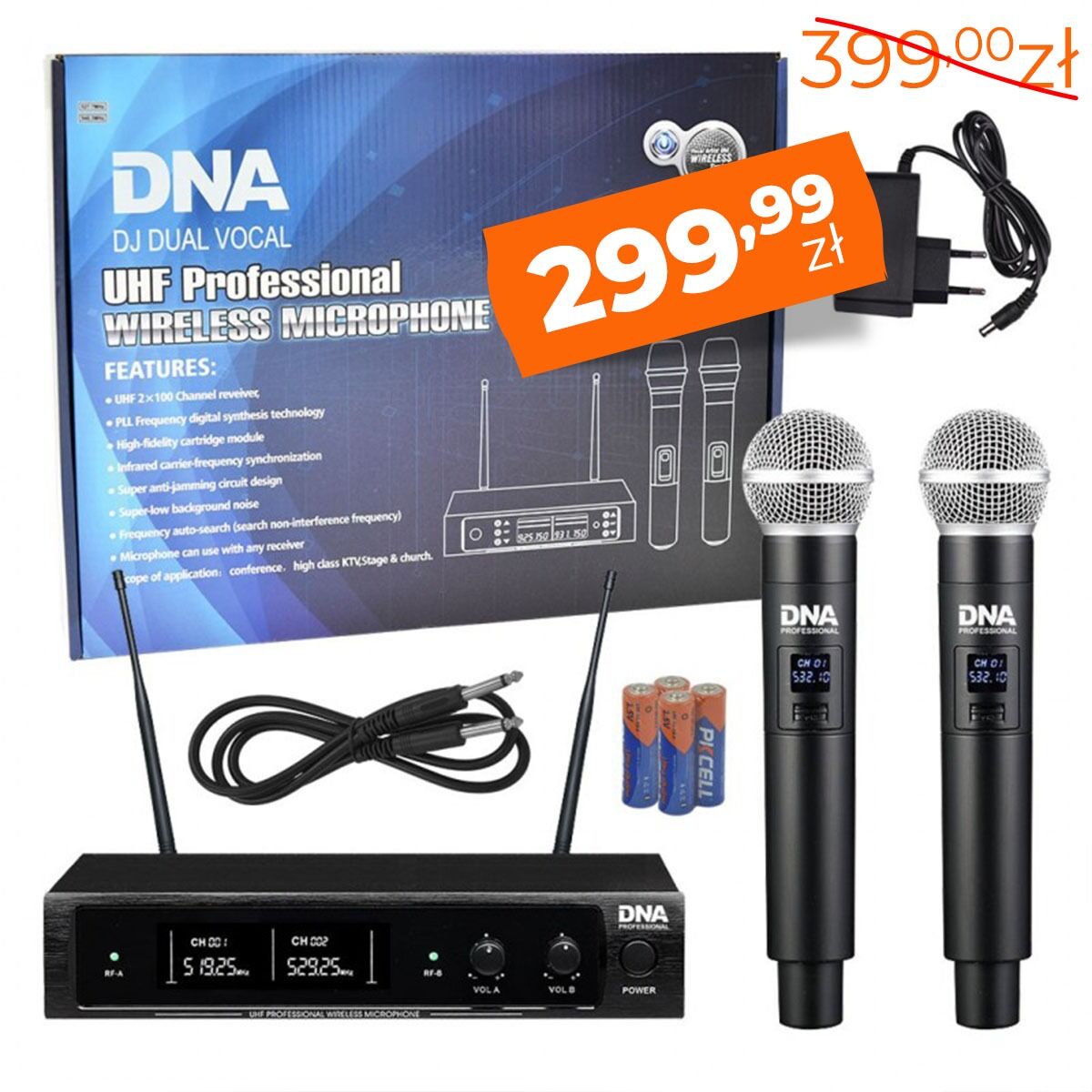 DNA DJ DUAL VOCAL wokalowy mikrofon bezprzewodowy 2x nadajnik doręczny odbiornik system nagłośnienia UHF 518-542 MHz
