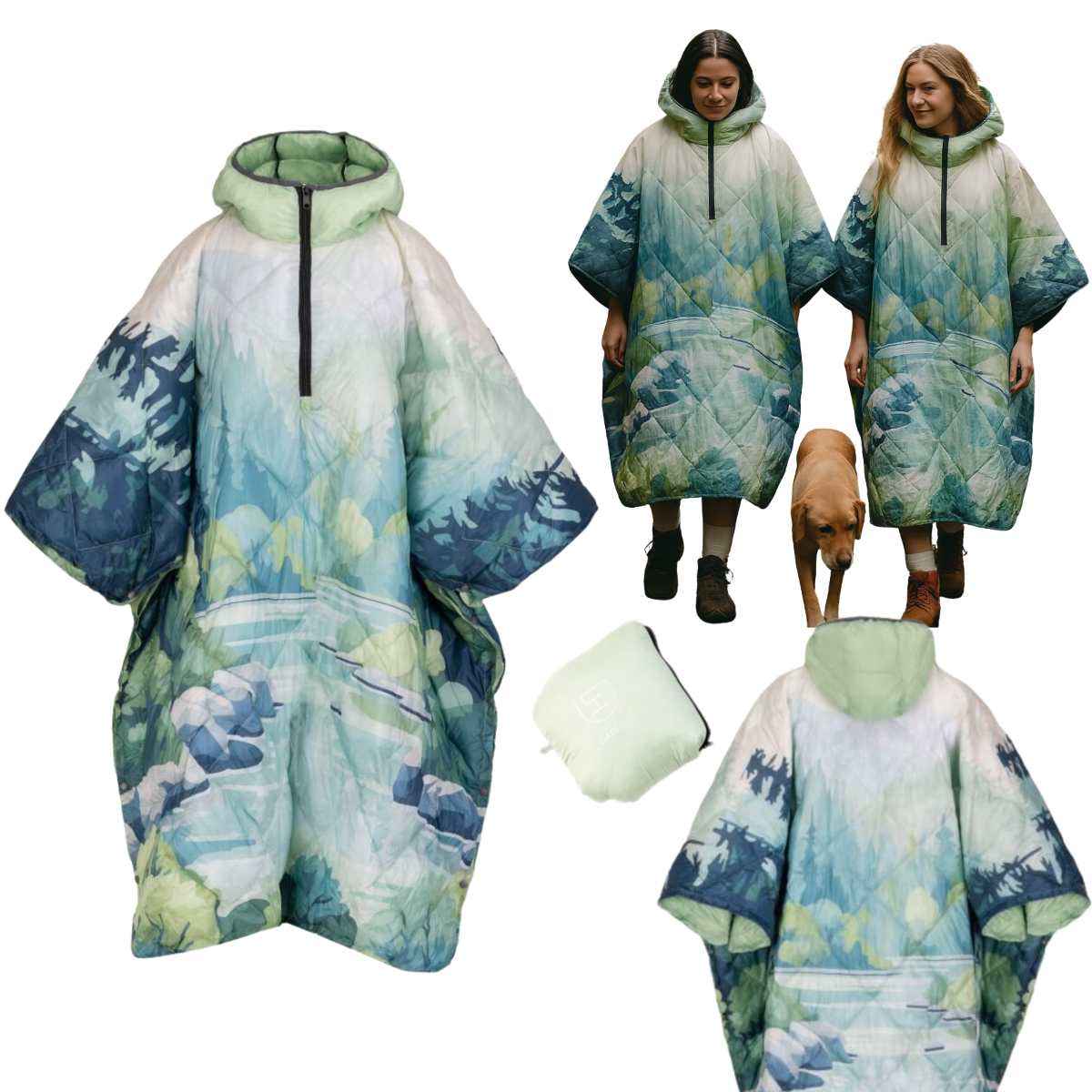 DH Garden Poncho Zielona Rzeka 145x115 cm kurtka płaszcz peleryna z kapturem duża kieszeń na zamek