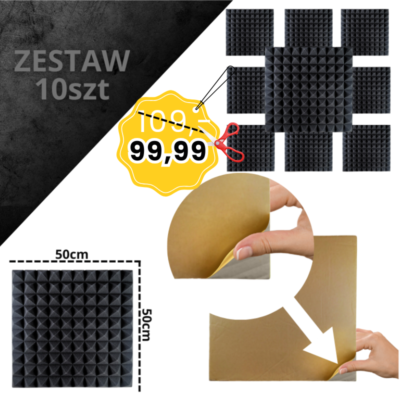 DNA AM2 BK panel akustyczny zestaw 10 szt. czarny samoprzylepna pianka mata wygłuszająca redukcja echa pogłosu