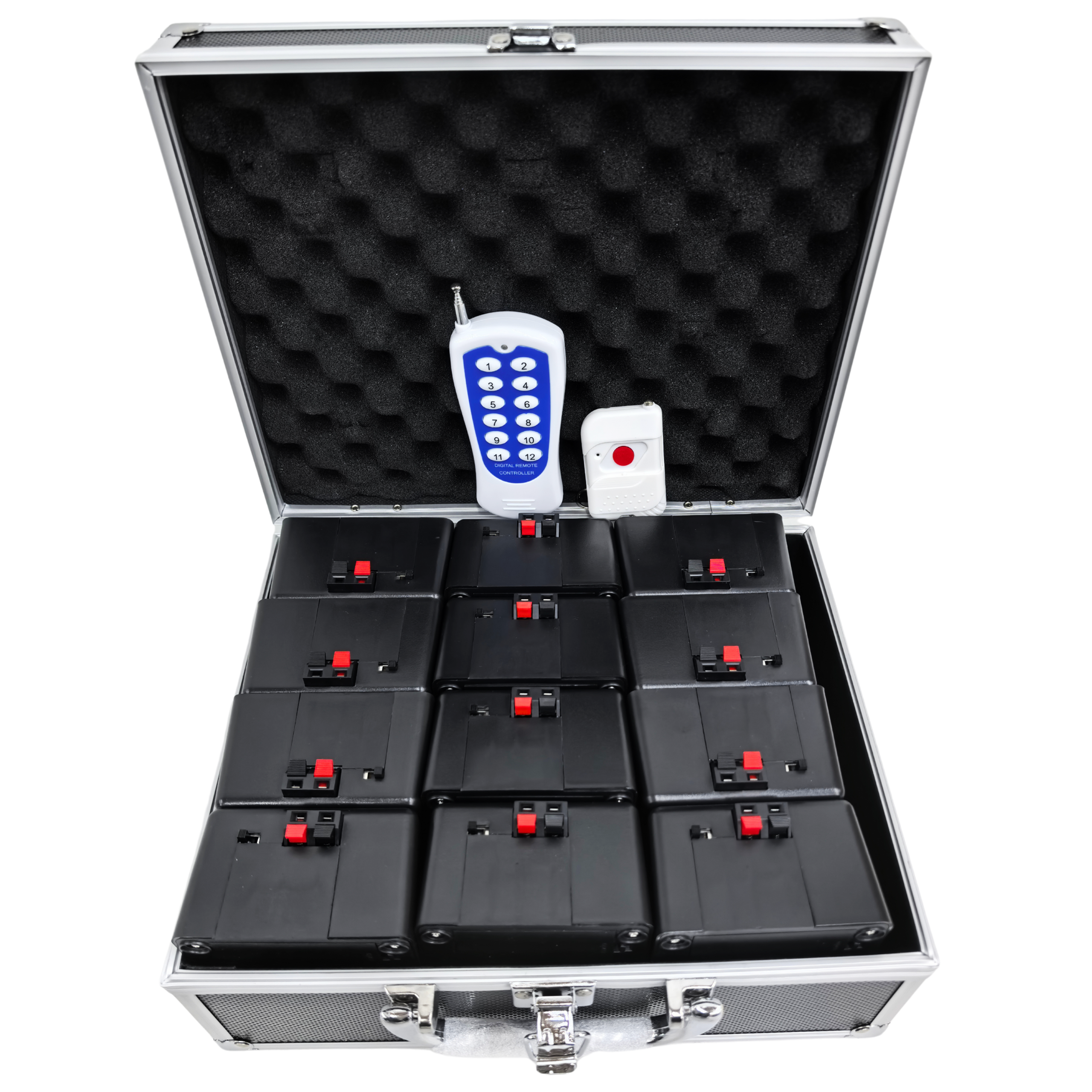 SUPRIMO SL12 bezprzewodowy system do zdalnego odpalania fontann iskier 12 odbiorników case 2 piloty