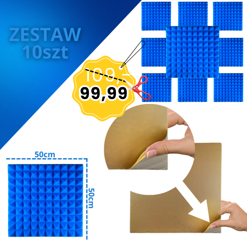 DNA AM2 BL panel akustyczny zestaw 10 szt. niebieski samoprzylepna pianka mata wygłuszająca redukcja echa pogłosu