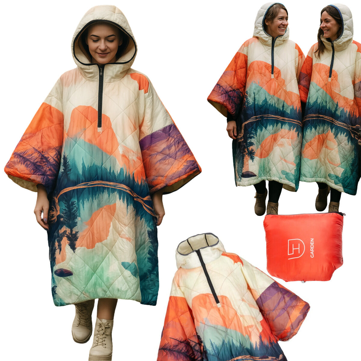 DH Garden Poncho Czerwona Rzeka 145x115 cm kurtka płaszcz peleryna z kapturem duża kieszeń na zamek
