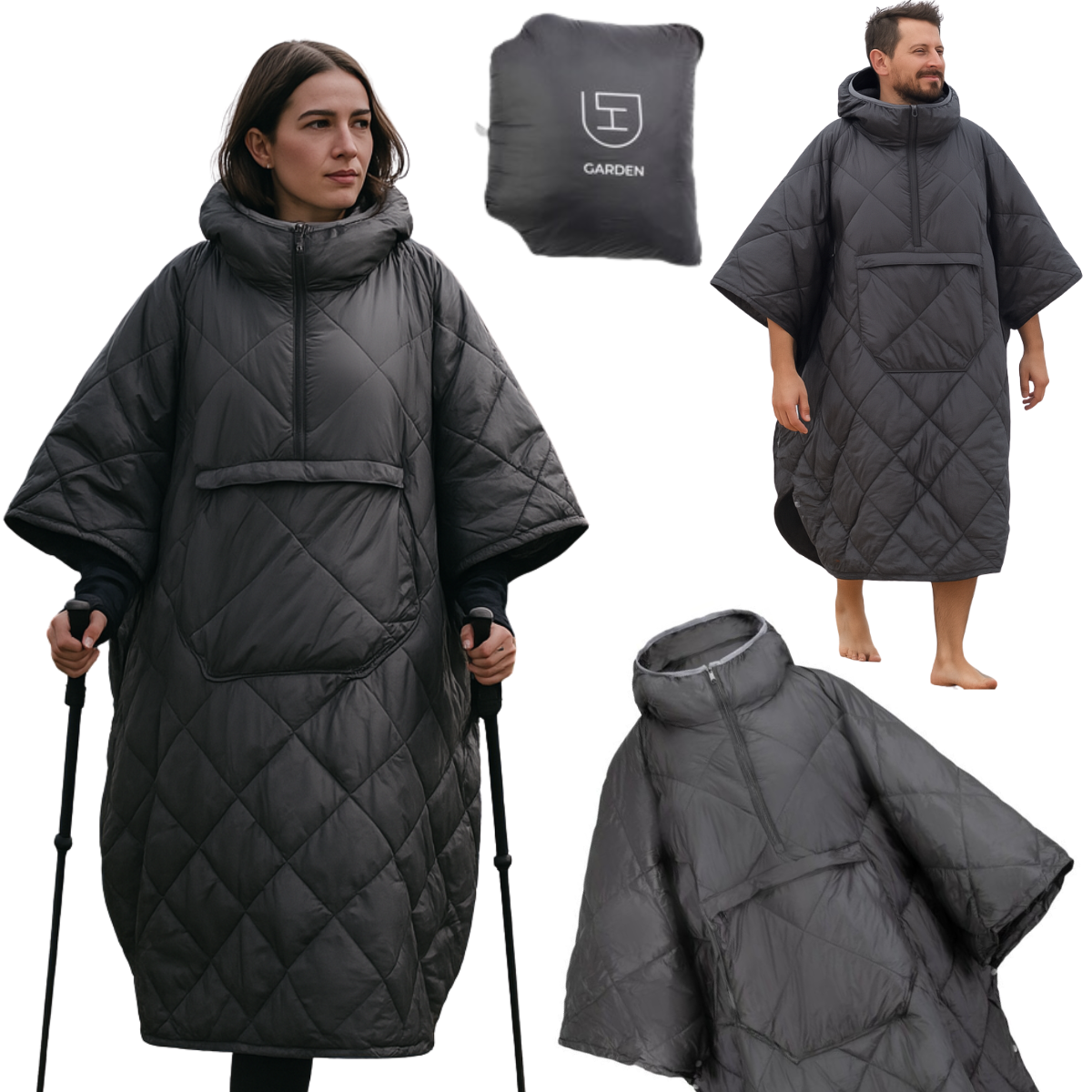 DH Garden Poncho Black 145x115 cm kurtka płaszcz peleryna z kapturem duża kieszeń na zamek czarna