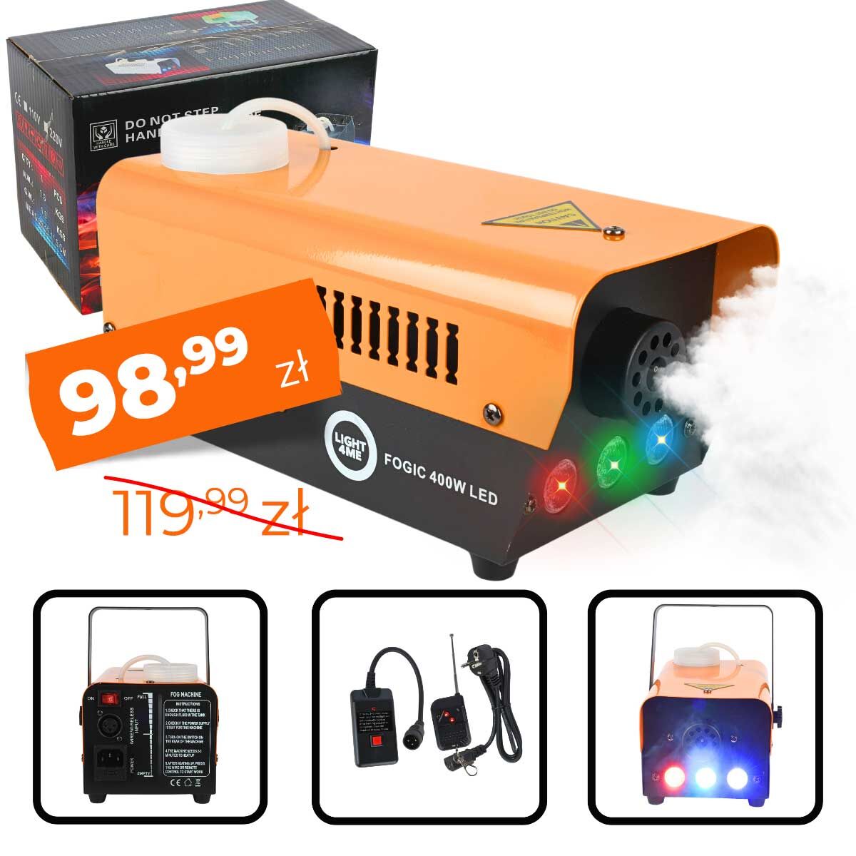LIGHT4ME FOGIC 400W LED generator wytwornica dymu mgły efekt świetlny RGB pilot bezprzewodowy kontroler przewodowy uchwyt montażowy