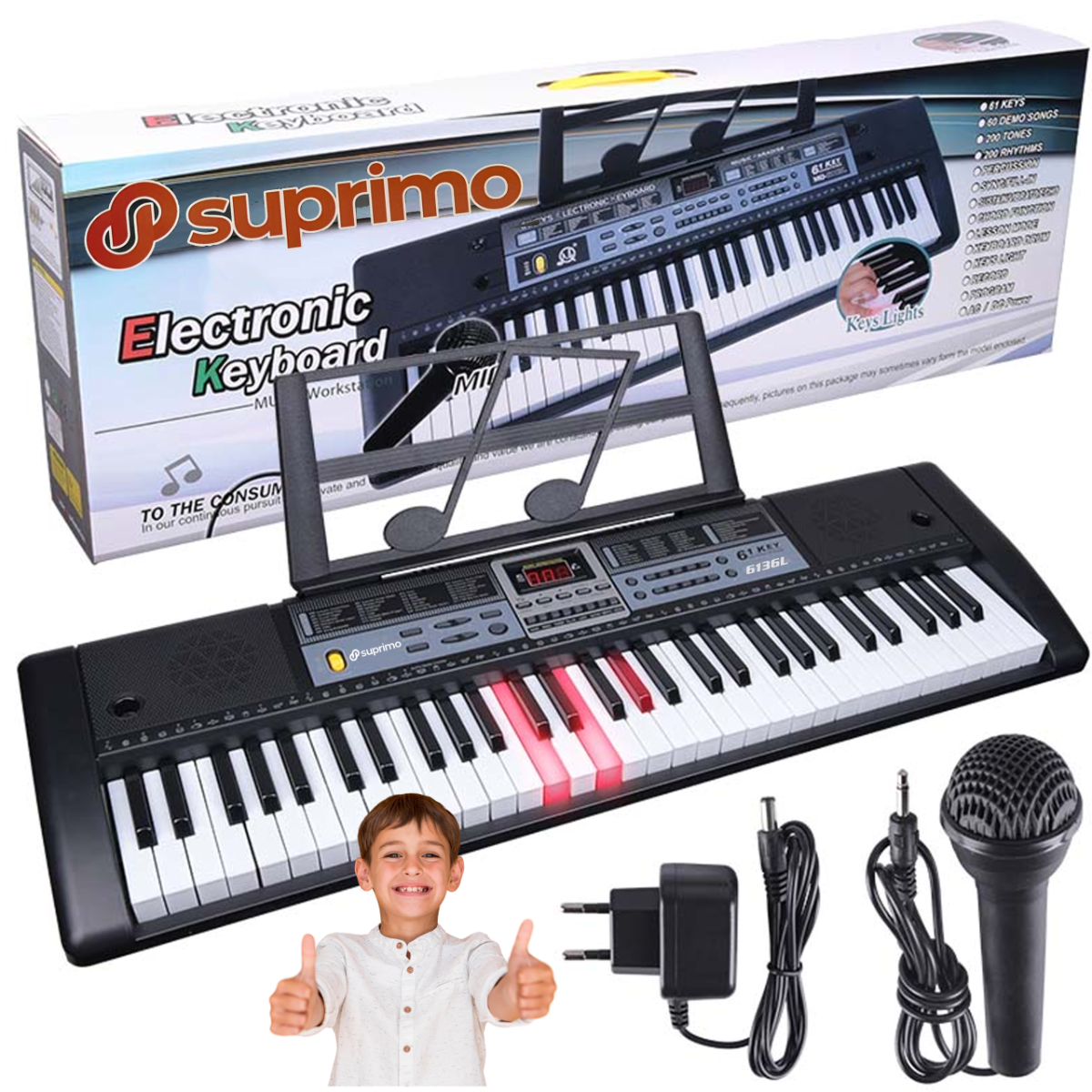 SUPRIMO 6136L KEYBOARD organy z mikrofonem dla dzieci podświetlane klawisze