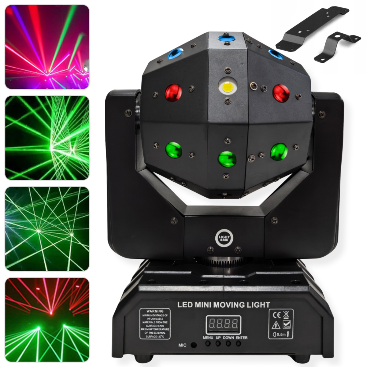 LIGHT4ME ATLAS ruchomy multiefekt świetlny 4w1 LED DMX beam biały stroboskop 16x3W R/G/B/W + 4x15W W LED + 2x100mW laser czerwony +2x50 mW laser zielony uchwyt montażowy