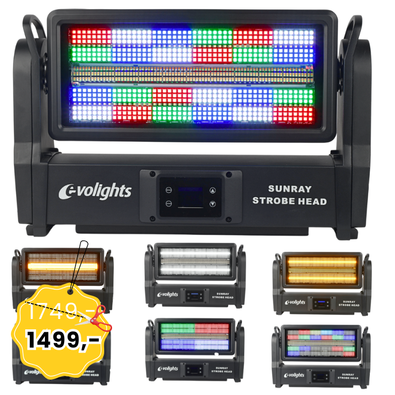 EVOLIGHTS SUNRAY STROBE HEAD ruchomy stroboskop sceniczny IP65 oświetlenie LED efekt świetlny 576x0,2W RGB SMD 5050+336x1W CW/A SMD 3030 2x uchwyt montażowy omega