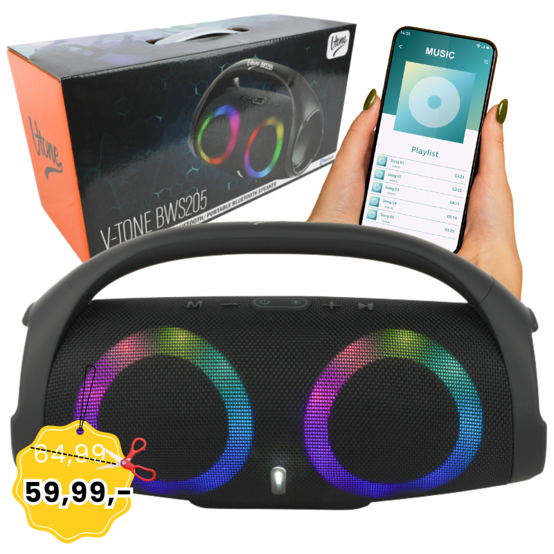 V-TONE BWS205 BK głośnik Bluetooth bezprzewodowy przenośny czarny akumulatorowy USB microSD AUX MP3 FM 2x5W