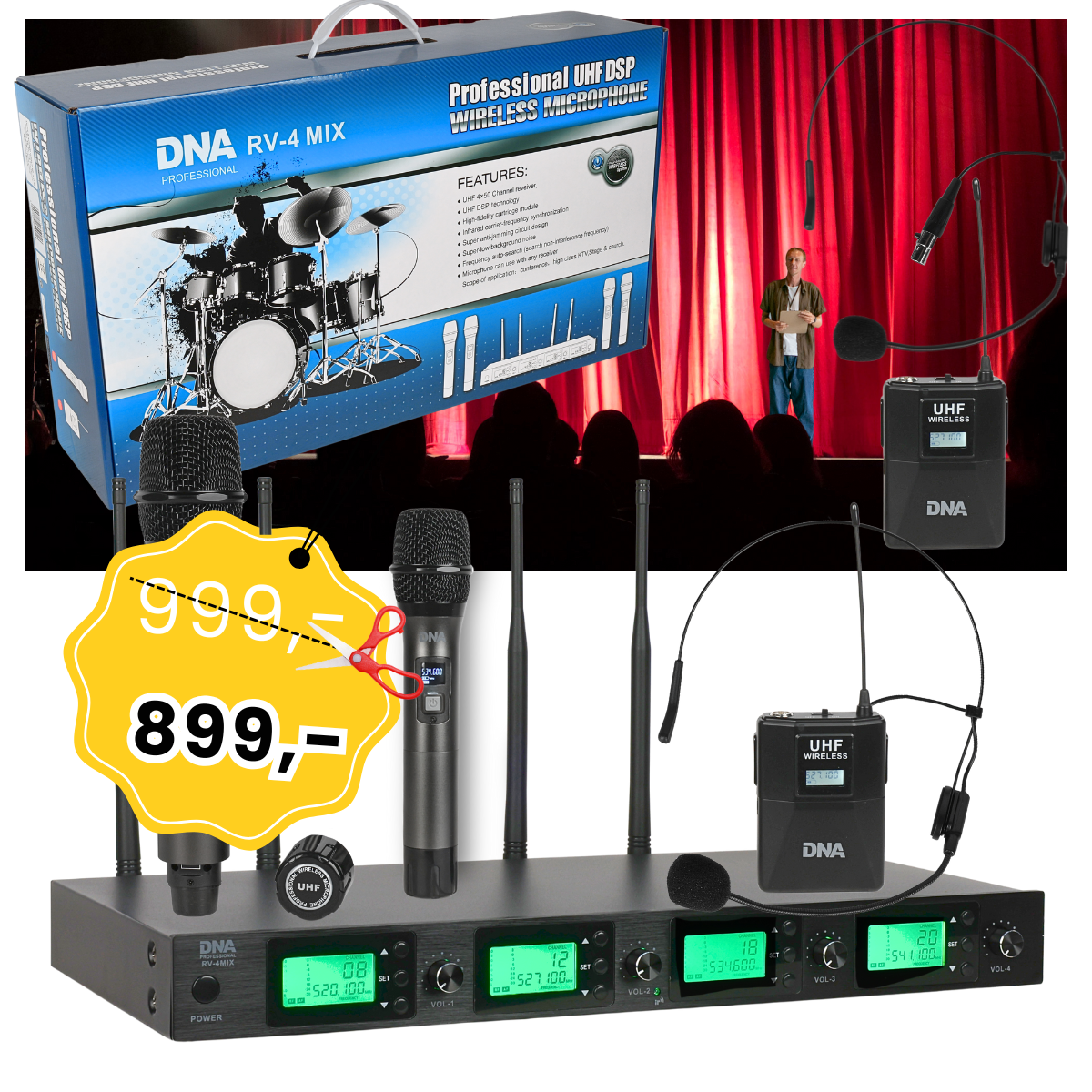 DNA RV-4 MIX mikrofon bezprzewodowy 2x nadajnik doręczny 2x nadajnik nagłowny + bodypack odbiornik zestaw UHF 518-542 MHz  