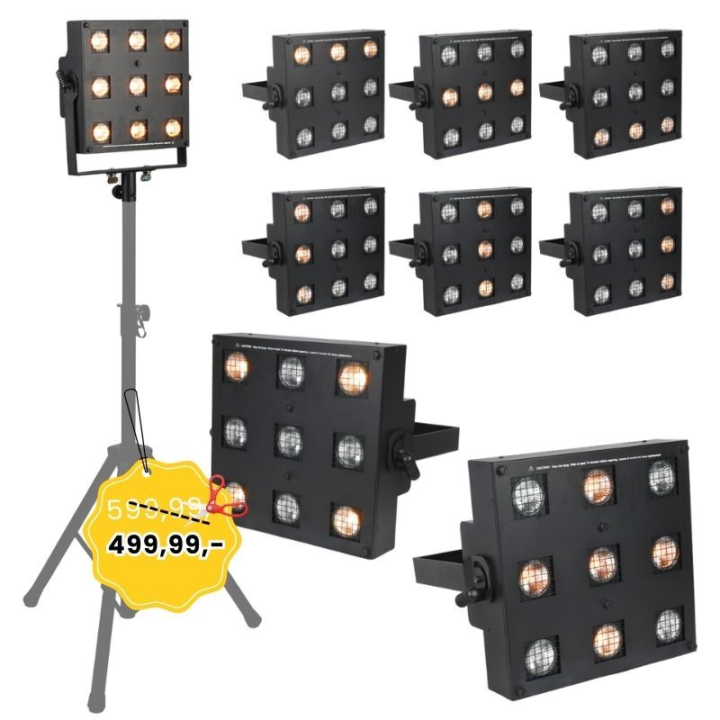 LIGHT4ME SUN PANEL blinder halogenowy oświetlenie sceniczne retro vintage DMX 9x35W WW GU10 ciepła biel uchwyt montażowy