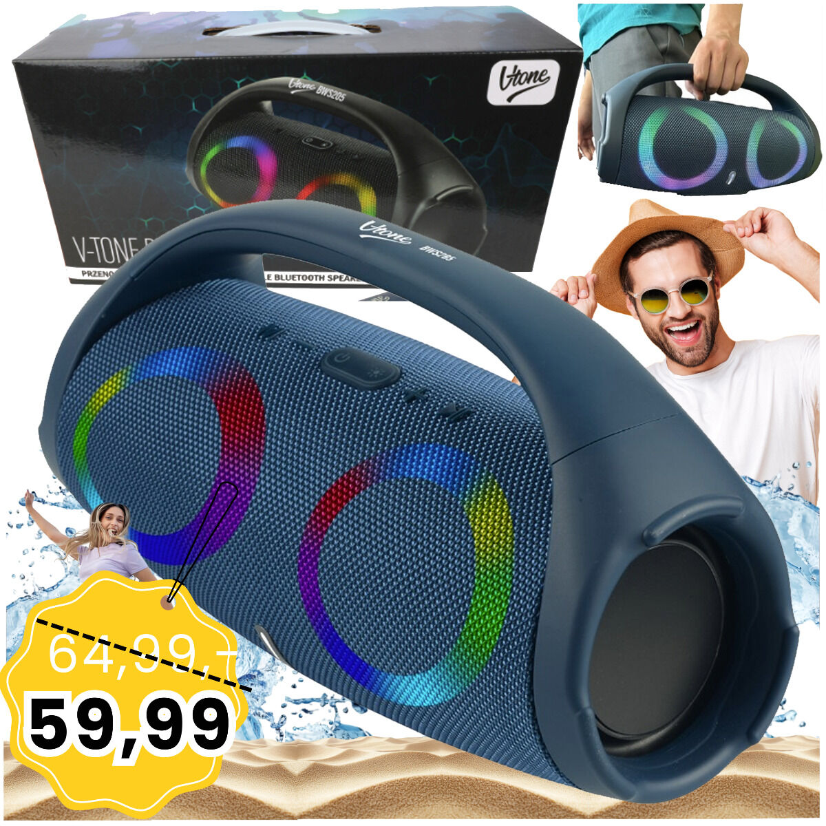 V-TONE BWS205 BL głośnik Bluetooth bezprzewodowy przenośny niebieski akumulatorowy USB microSD AUX MP3 FM 2x5W