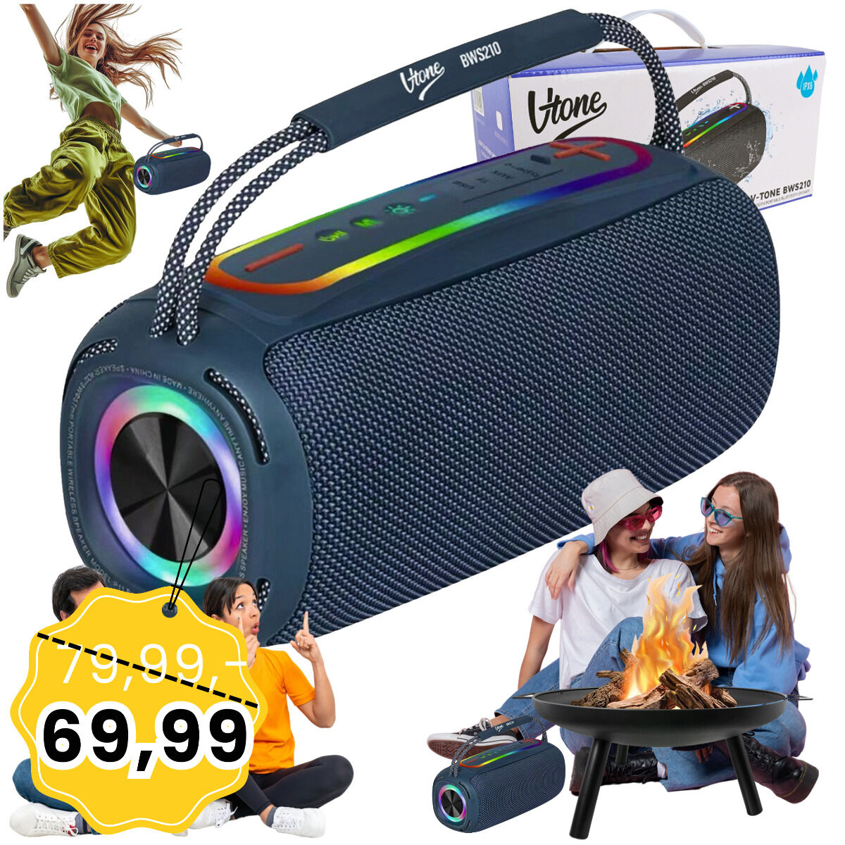 V-TONE BWS210 BL głośnik Bluetooth bezprzewodowy przenośny niebieski akumulatorowy USB microSD AUX MP3 FM 2x10W