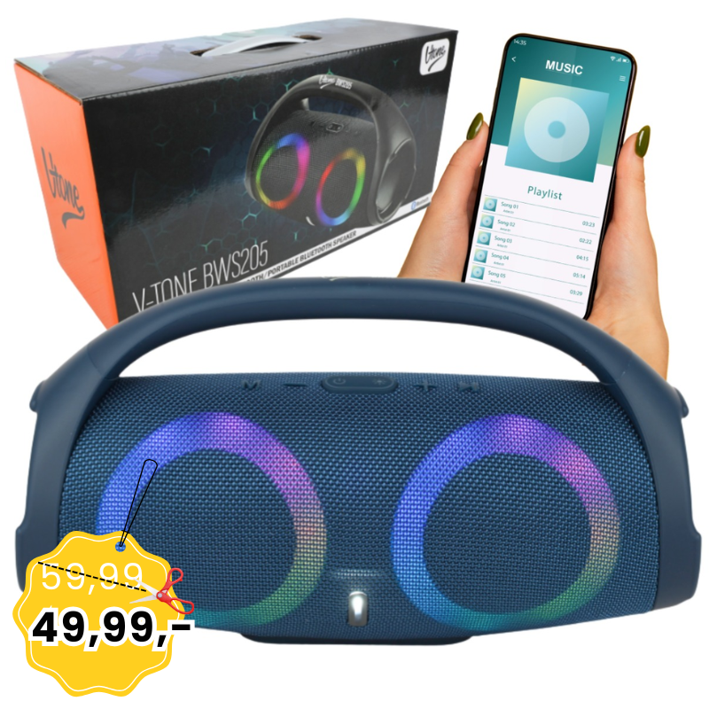 V-TONE BWS205 BL głośnik Bluetooth bezprzewodowy przenośny niebieski akumulatorowy USB microSD AUX MP3 FM 2x5W