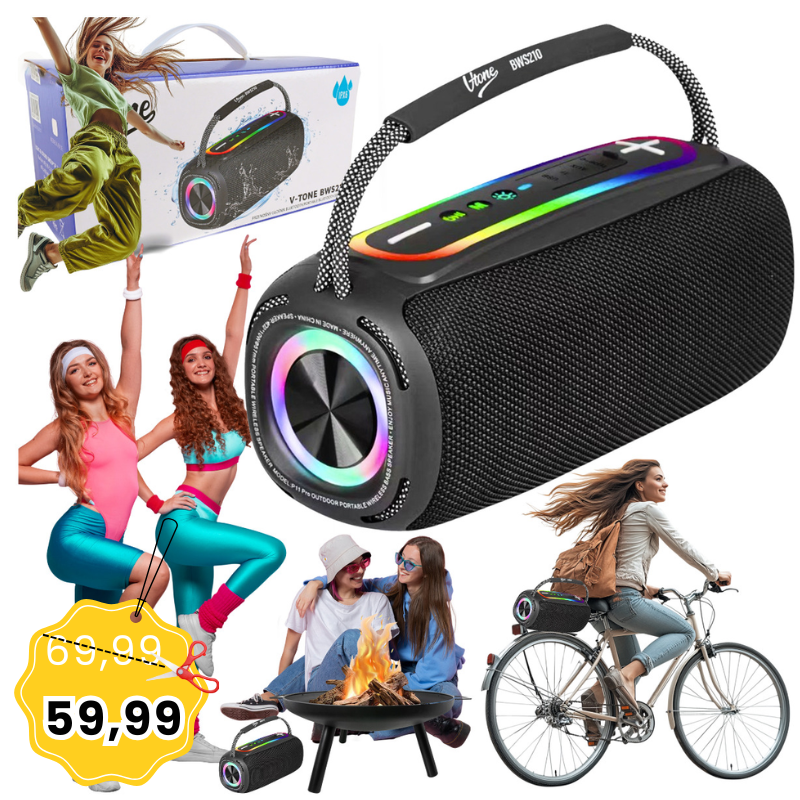 V-TONE BWS210 BK głośnik Bluetooth bezprzewodowy przenośny czarny akumulatorowy USB microSD AUX MP3 FM 2x10W