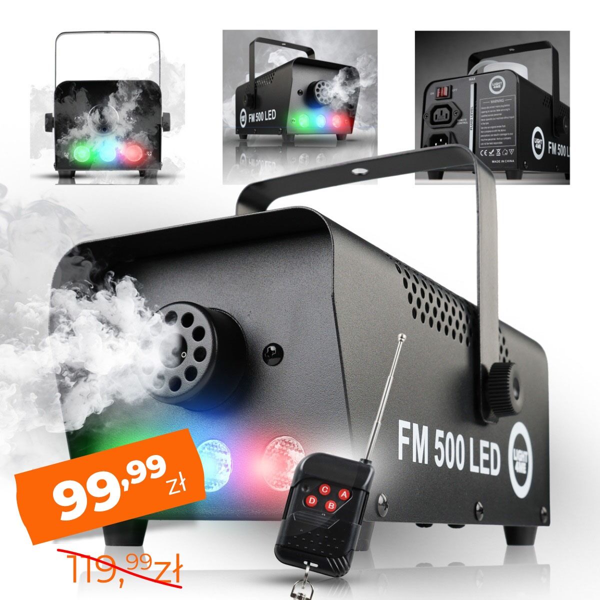 LIGHT4ME FM 500 LED V2 wytwornica dymu mgły pilot bezprzewodowy kontroler przewodowy 500W efekt świetlny 3x1W RGB