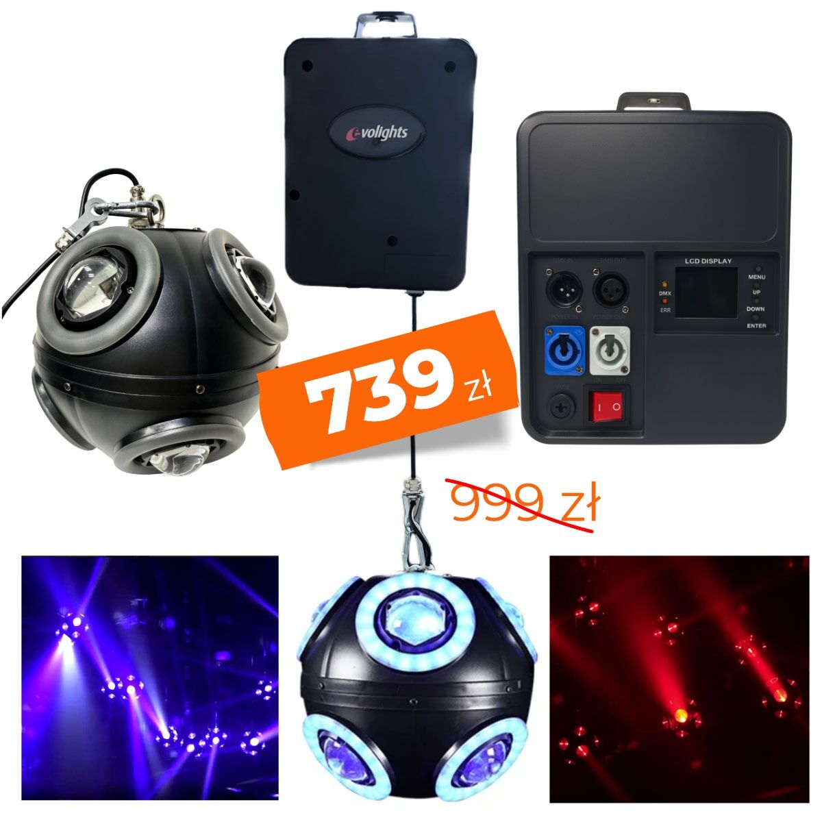 EVOLIGHTS COSMIC BALL multiefekt świetlny DMX oświetlenie sceniczne dyskotekowe klubowe LED 360° beam ring regulowana wysokość 0-3 m 8x10W RGBW+96x0,5W RGB SMD 5050