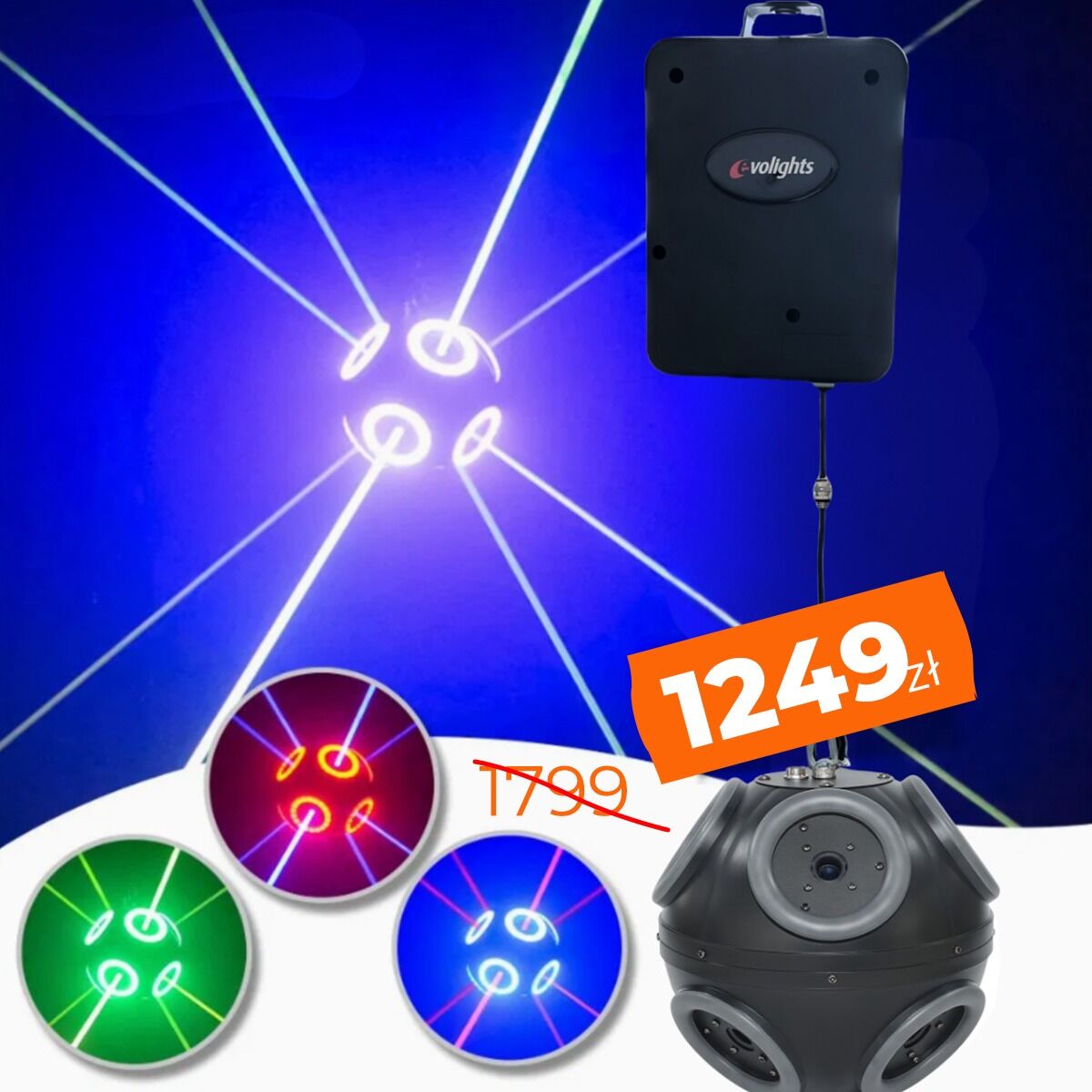 EVOLIGHTS COSMIC BALL LASER multiefekt świetlny DMX oświetlenie sceniczne dyskotekowe klubowe LED 360° laser ring regulowana wysokość 0-3 m 8x500mW RGB+96x0,5W RGB SMD 5050