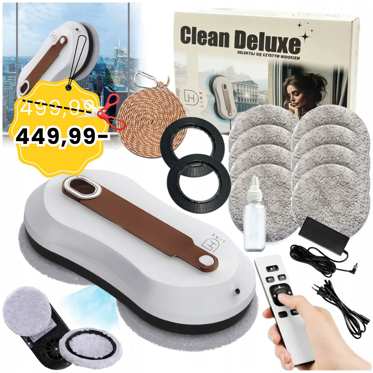 DH Line CLEAN DELUXE elektryczna automatyczna myjka do okien szyb lustra inteligentny robot pilot Bluetooth zestaw 72W 2800 Pa 650 mAh