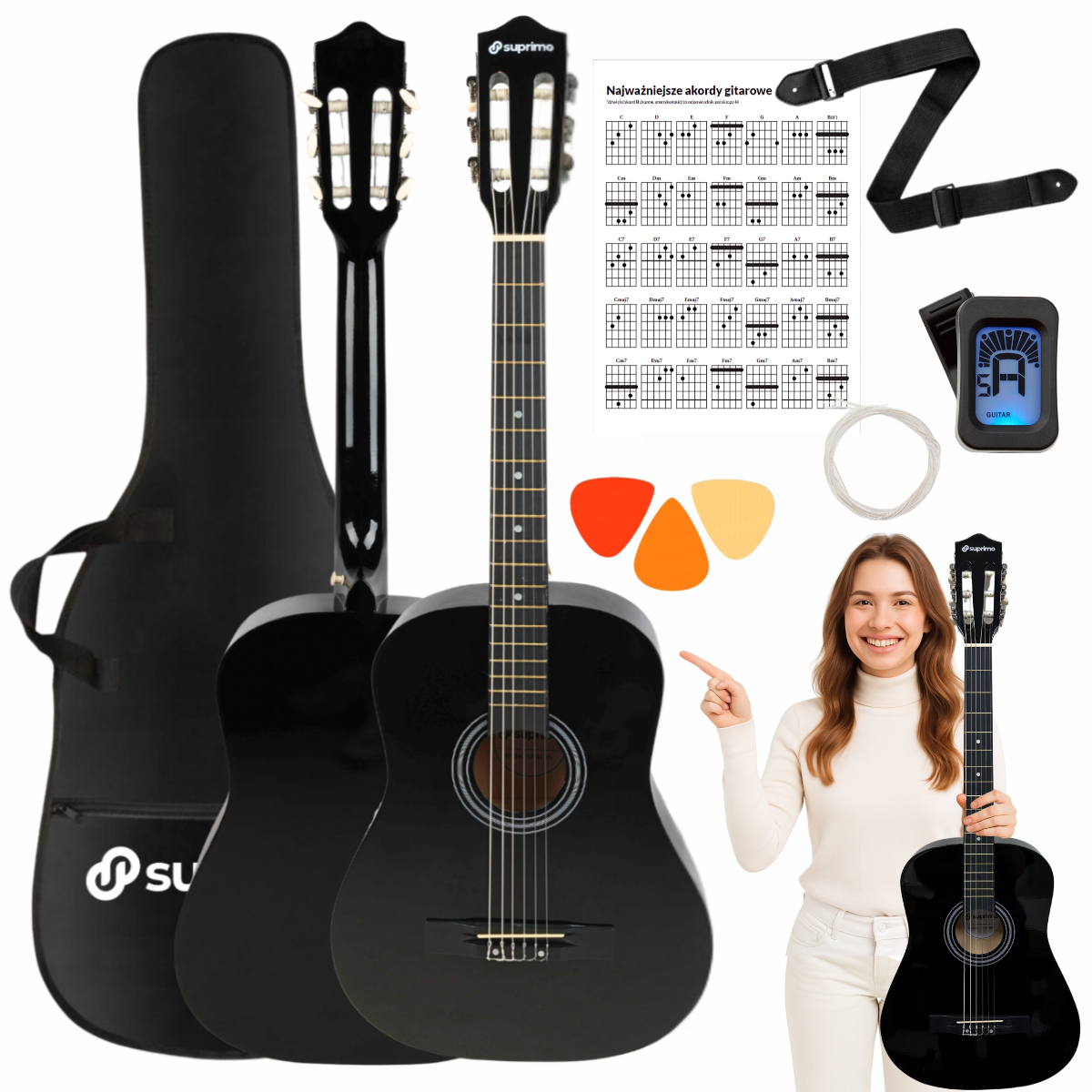 SUPRIMO CGS3 BK gitara klasyczna 4/4 czarna do nauki dla początkujących tuner kostki pasek zapasowe struny pokrowiec akordy zestaw