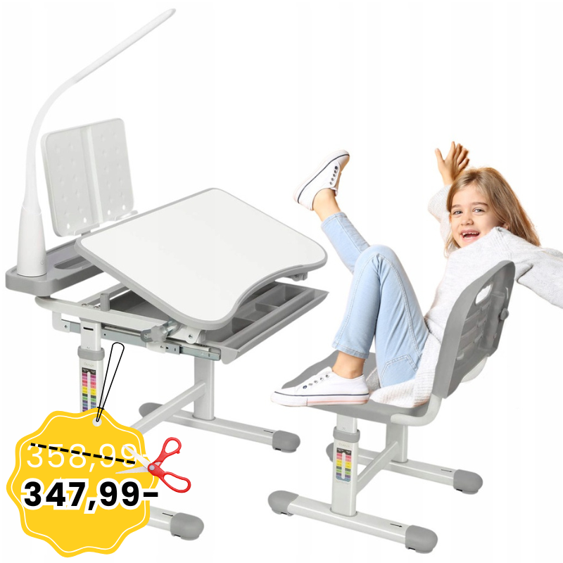 DH Line DESK 1 GY szare biurko dla dziecka z regulacją krzesło pulpit lampka LED haczyk szuflada przybornik zestaw
