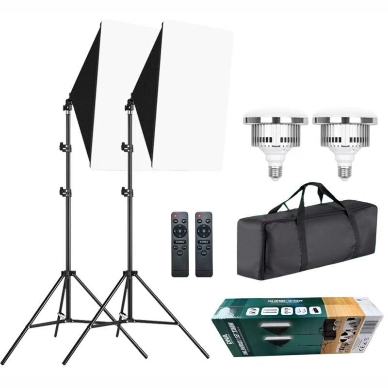 DNA SOFTBOX 1 SET 2X60W rectangular reflector 50x70 cm shadowless photography studio lamp stand 200 cm cover remote control set of 2 pcs